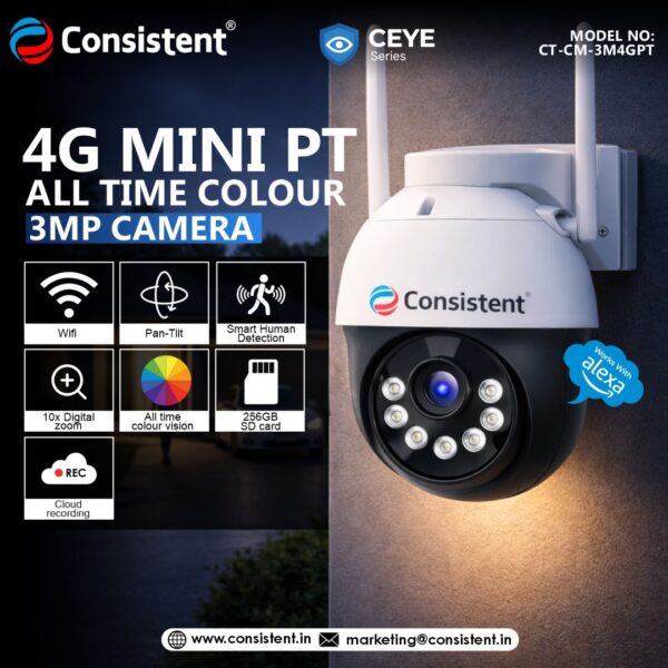 Consistent 3MP 4G Mini PT CCTV Camera CEYE Series | Pan Tilt | All Time Color | CT-CM-3M4GPT