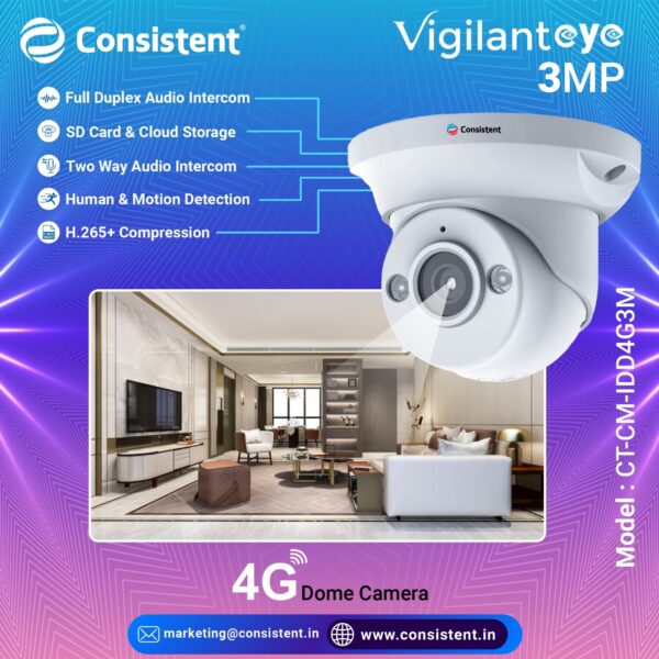 Consistent 4G Colour Dome 3MP Camera 4G Sim Card Supported Outdoor Smart Dome Camera | Support RJ45 Port and 4G Sim | Two Way Talk |Full Colour Night Vision| IP66 Waterproof Rating (CT-CM-IDD4G3M)