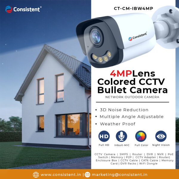 Consistent 4MP Colored CCTV CAMERA 4MP BULLET-WARM (CTCMIBW4MP), Home Security Colored Weather Proof | Full HD 1080Px with Night Vision, 3 Axis Levels