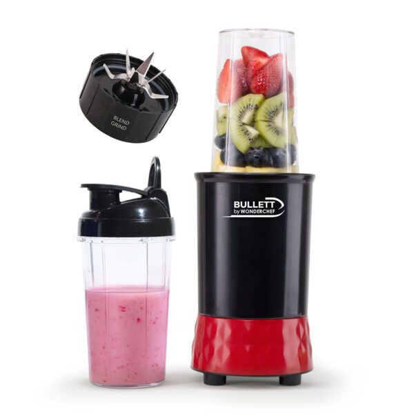 Bullett by Wonderchef, 500W Mixer Grinder Blender Smoothie Maker, 22000 RPM, 2 Jars, Stainless-Steel Blade, Sipper Jar & Lid, 2-Yr Warranty, Black & Red