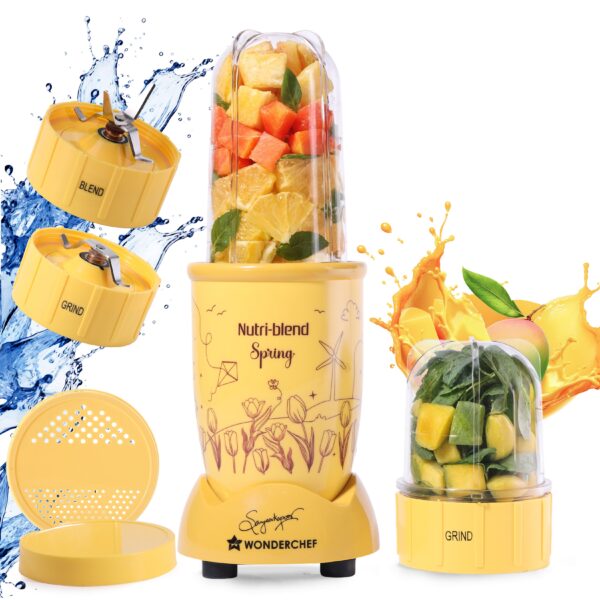 Nutri-blend Spring Mixer Grinder Blender & Smoothie Maker | 500W | 22000 RPM | 100% Copper Motor | 2 Unbreakable Jars | SS Blades | 2 Year Warranty | Recipe book by Chef Sanjeev Kapoor | Yellow
