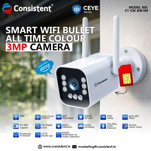 Consistent 3MP Smart Wi-Fi Bullet Camera CEYE Series | IP66 Outdoor Security Camera | Human Detection | CT-CM-BW3M